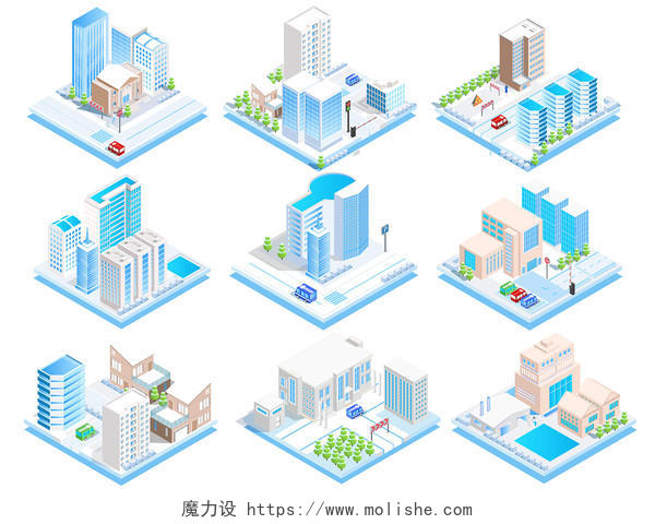 大厦建筑办公楼房模型城市冬天城镇科技商务套图图标PNG素材25D